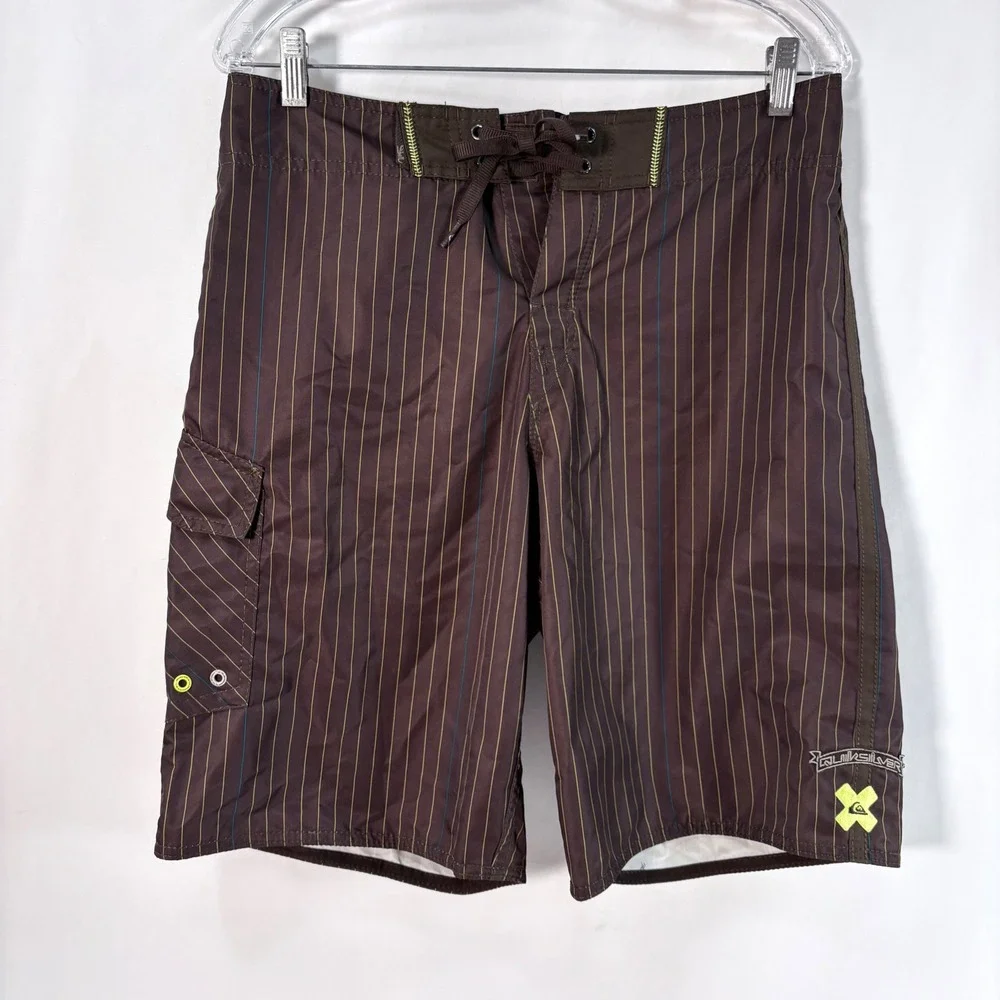 Quiksilver Board Shorts Brown Pinstripe Cargo Pocket Mens Swim Trunks 31